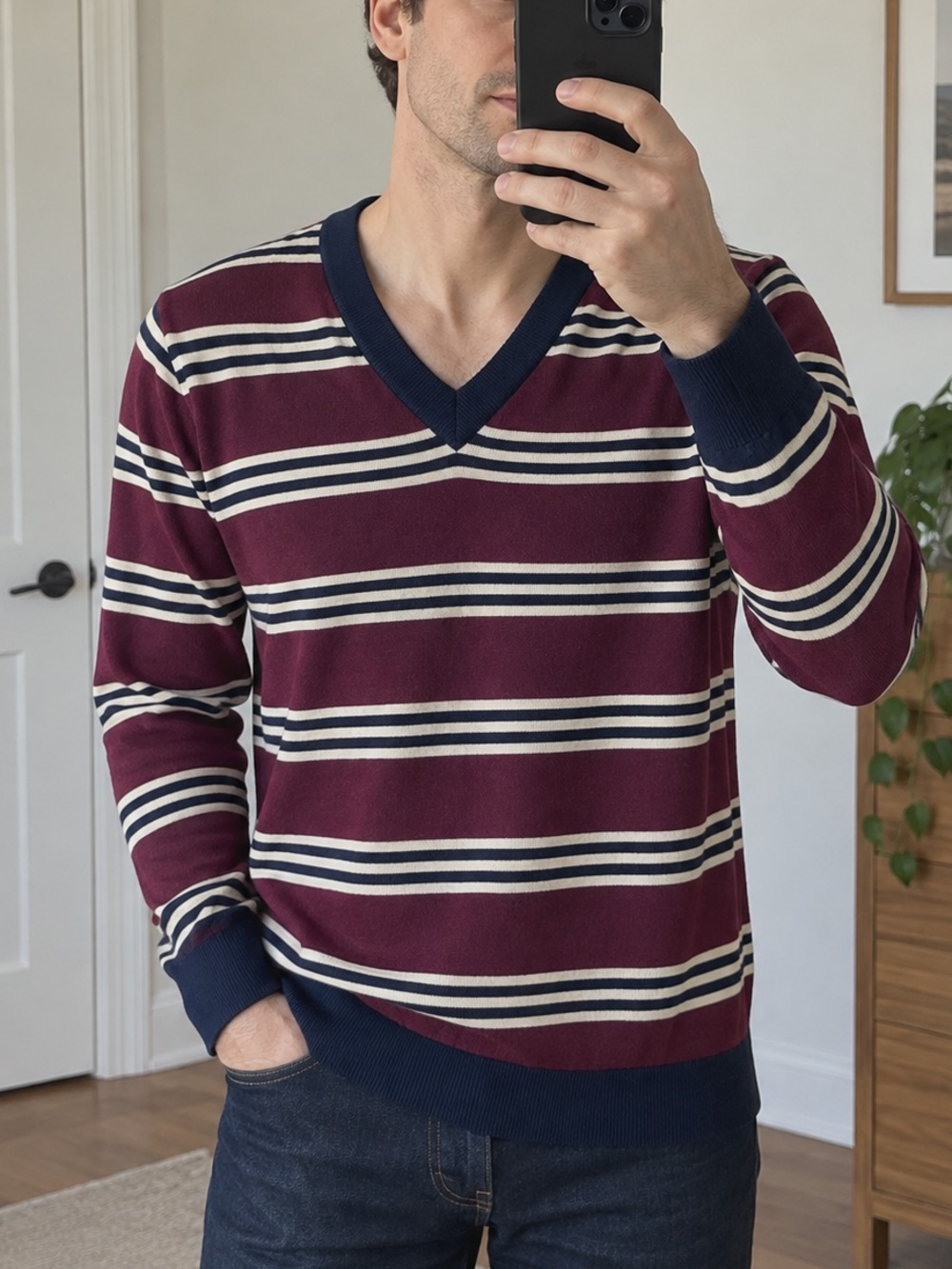 Brooks Brothers Men’s Merino Wool V-Neck Sweater XS Burgundy Navy Stripe